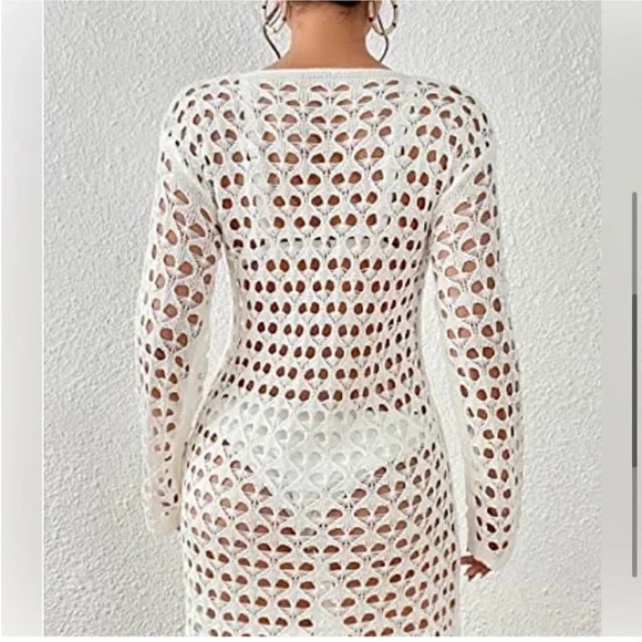 Hollow Out Crochet Lace Up Knitted Beach Summer Cover-Up Dress, Size L, NWOT - Picture 2 of 10